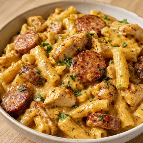 Smoky cheddar ranch chicken and sausage pasta in a shallow bowl