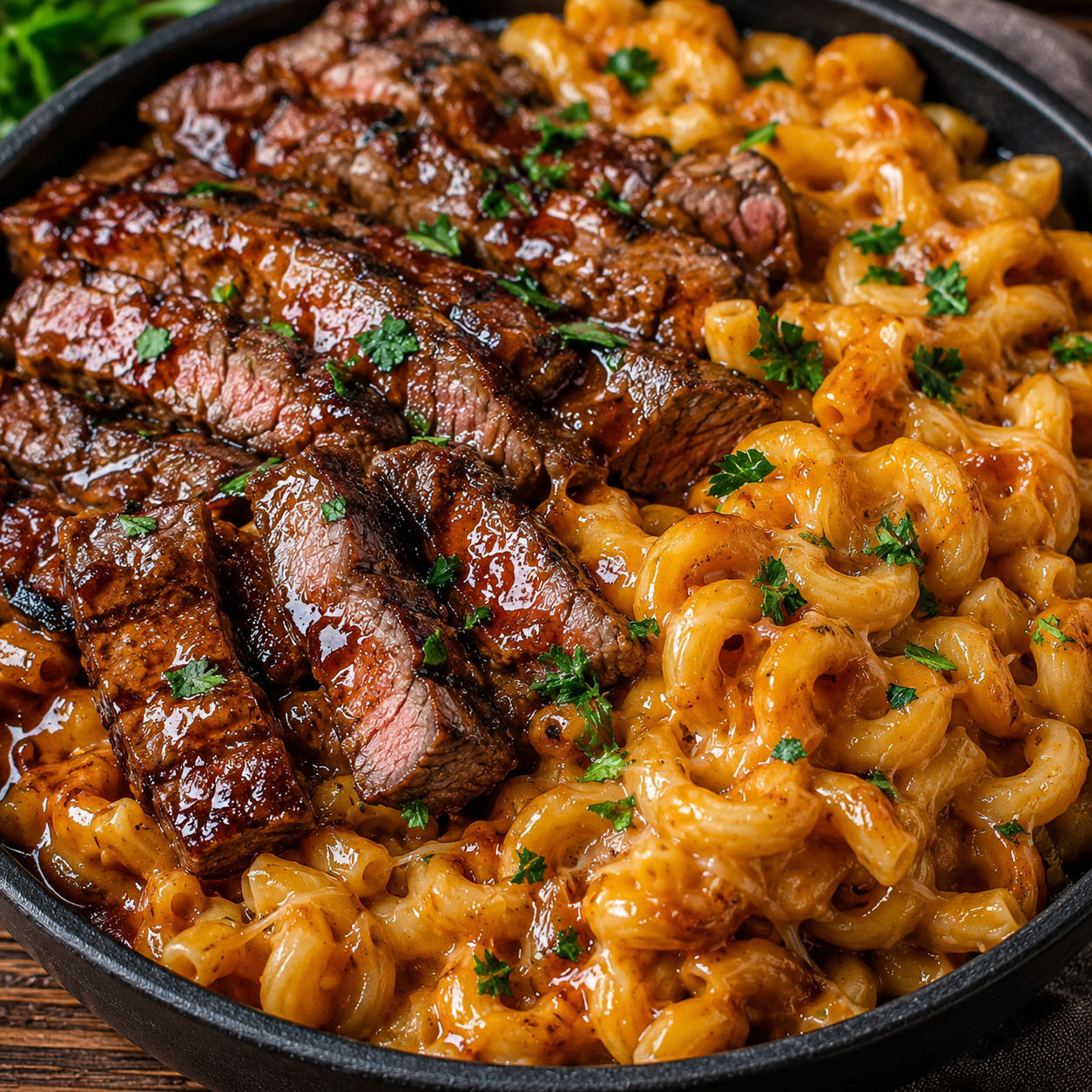 Smoky honey BBQ steak pasta with cheddar and parsley in a dark bowl