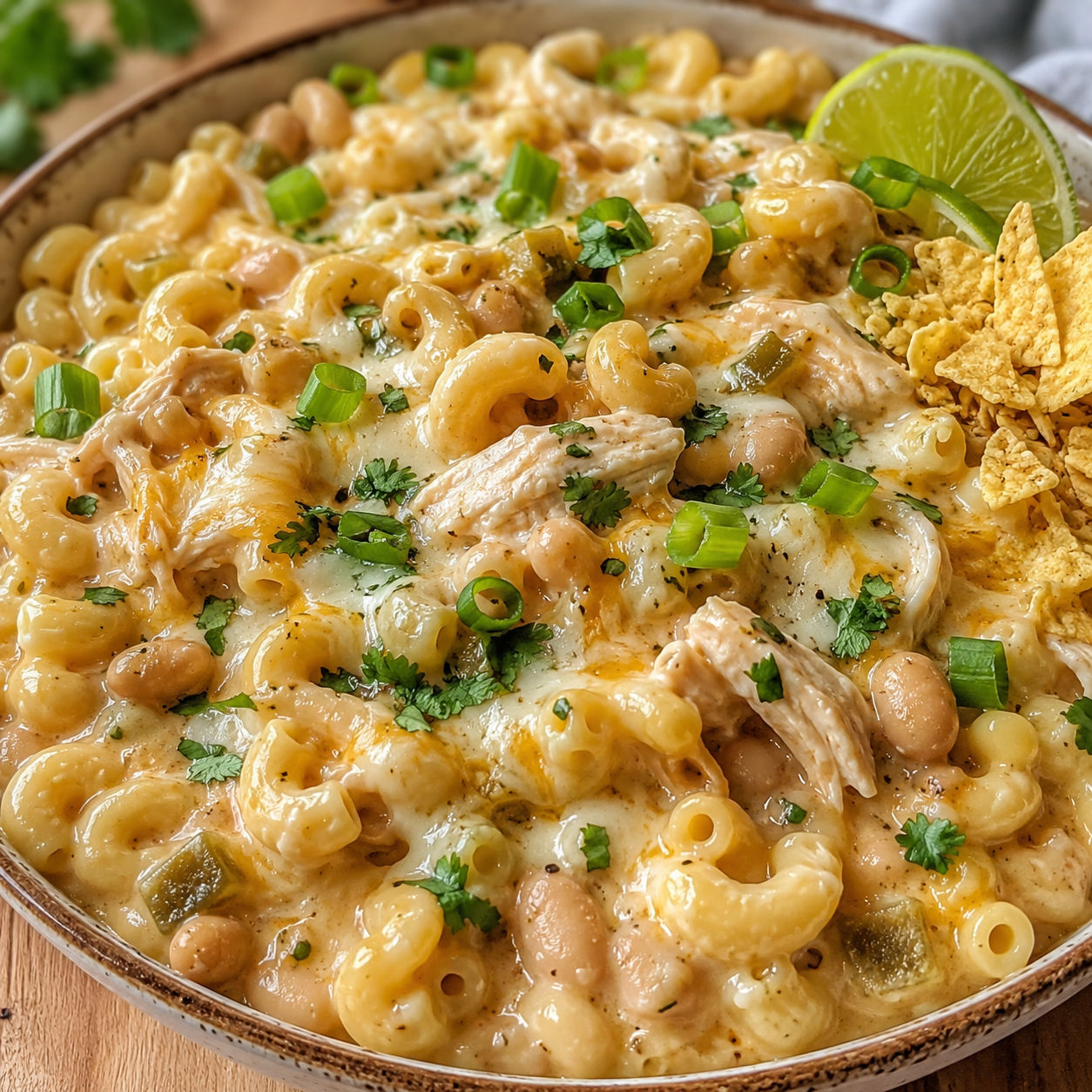 White chicken chili mac and cheese with cilantro, green onions, and lime