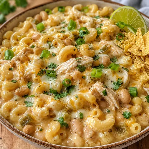 White chicken chili mac and cheese with cilantro, green onions, and lime