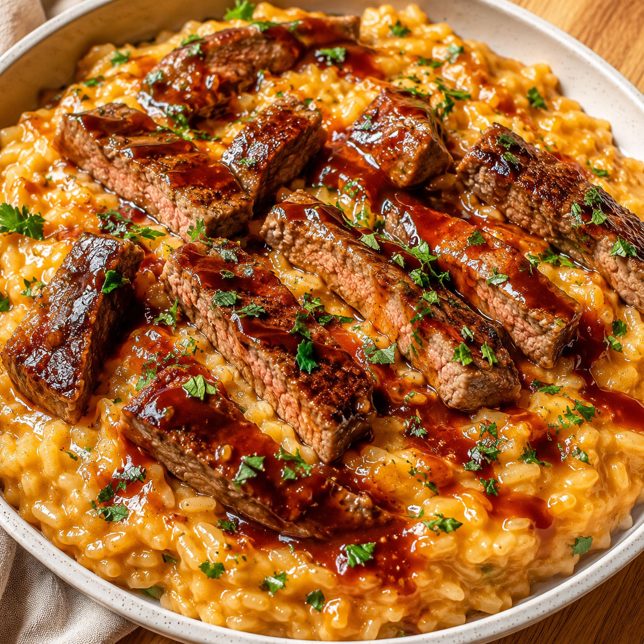 Creamy honey BBQ steak rice with parsley in a shallow bowl