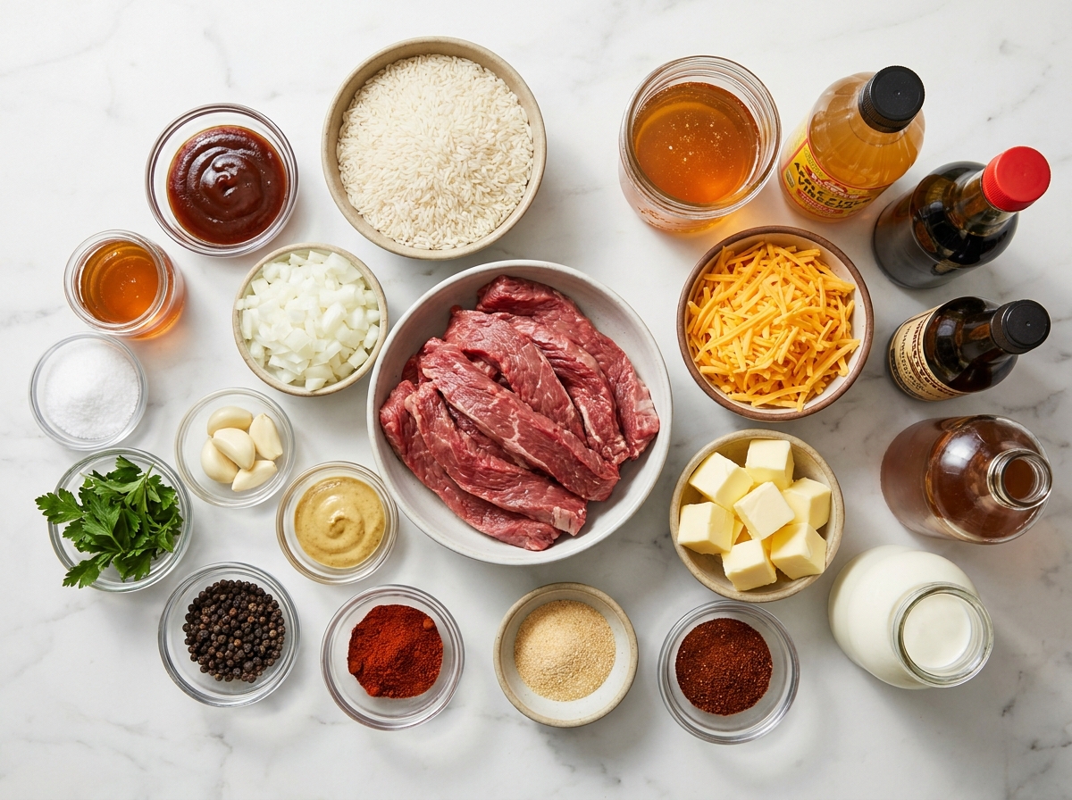 Ingredients for creamy honey BBQ steak rice on a wooden surface