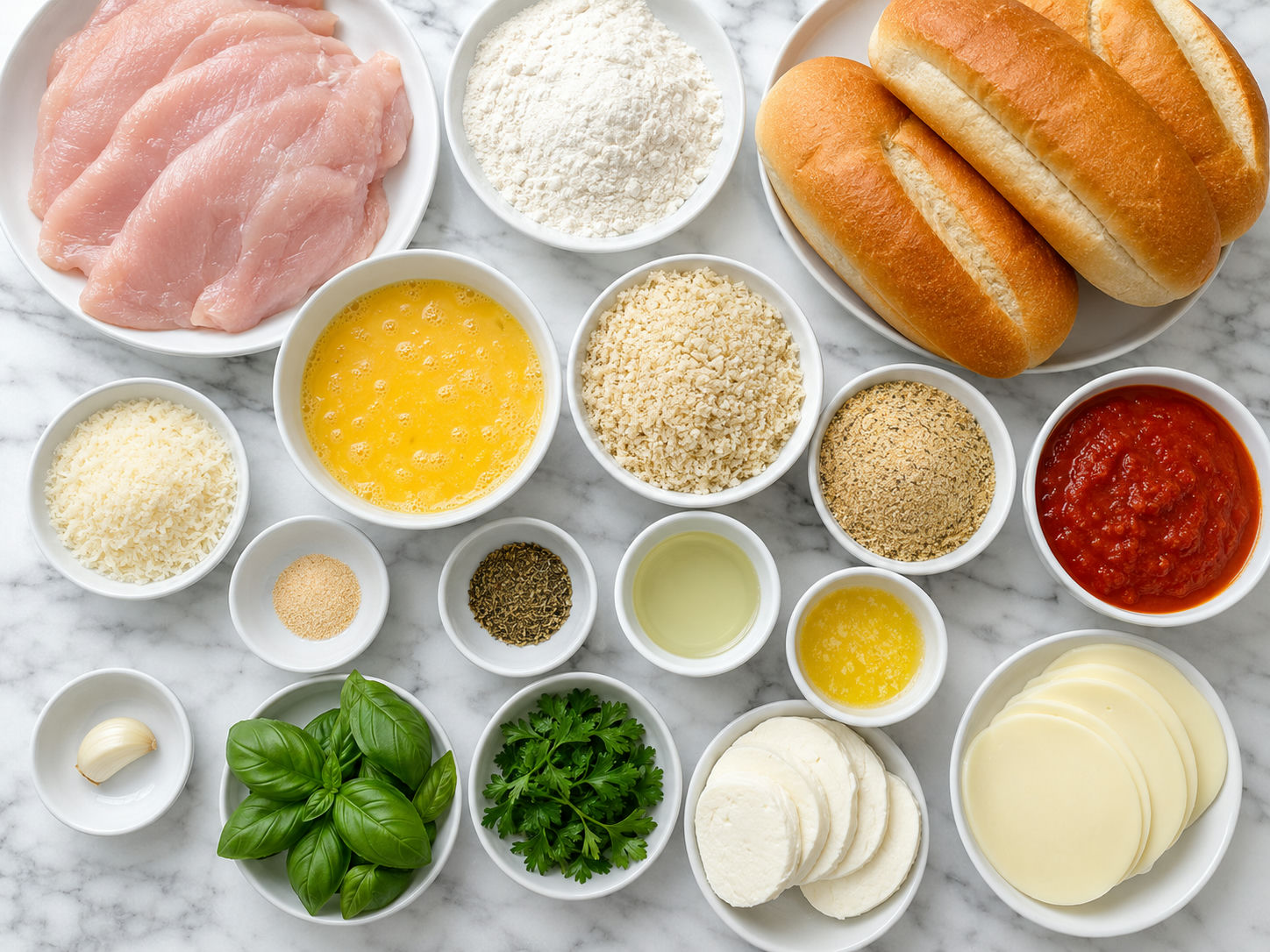 Ingredients for Chicken Parmesan Heroes with cutlets, rolls, sauce, and cheese