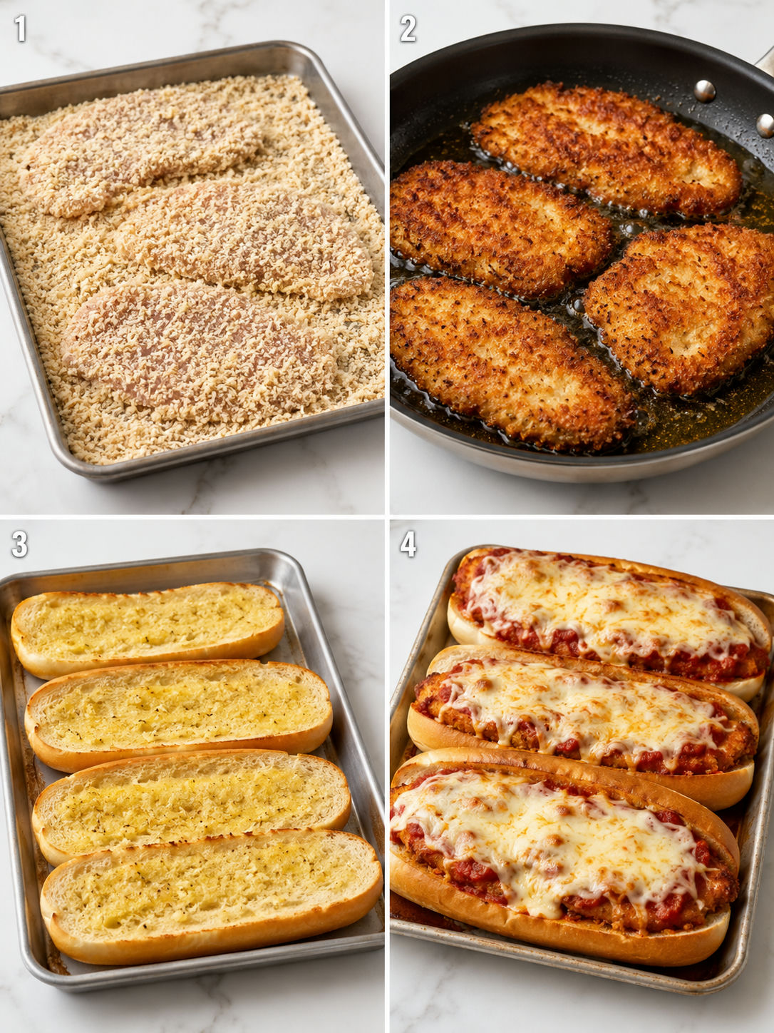 Four steps for making crispy Chicken Parmesan Heroes