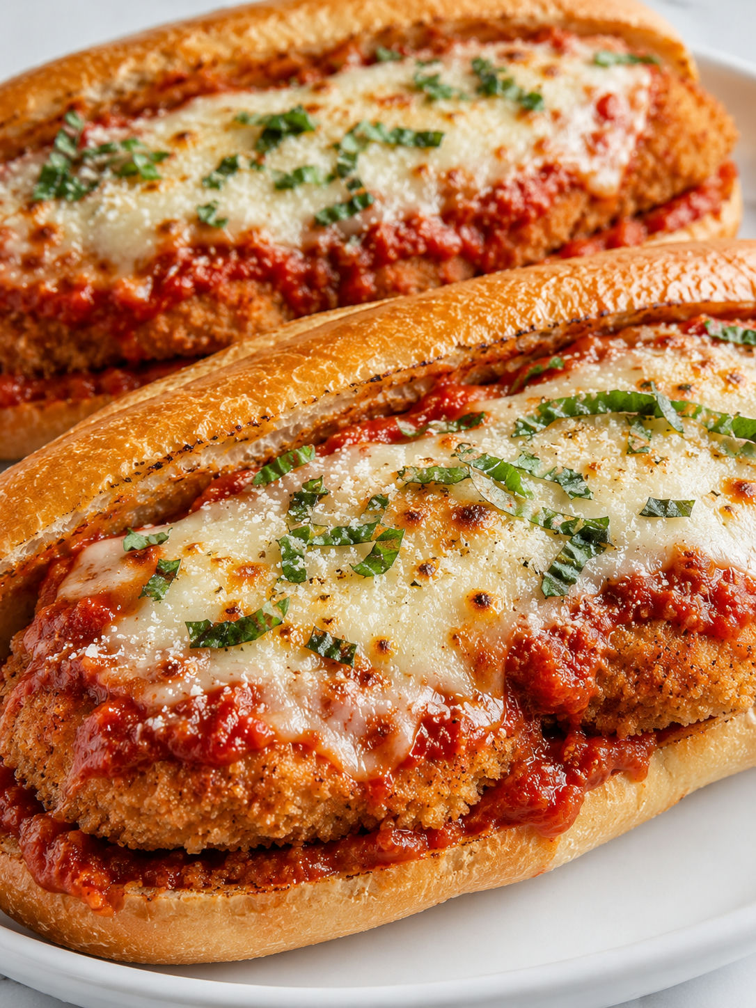 Chicken Parmesan Heroes with crispy cutlets, marinara, melted cheese, and basil