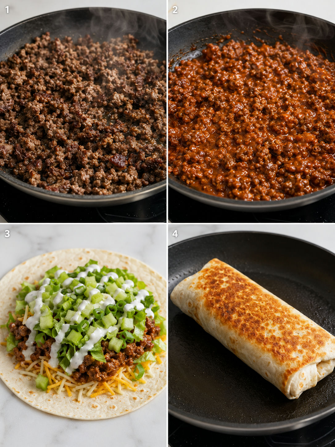 Four steps for making crispy buffalo beef wraps from skillet beef to toasted wrap