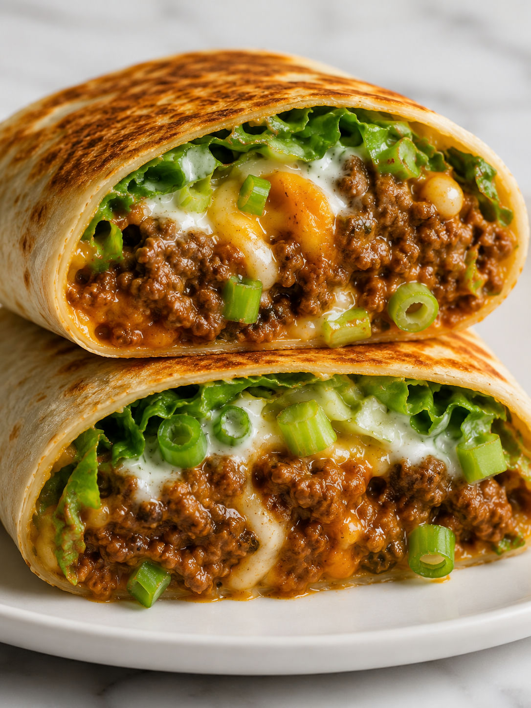 Stacked crispy buffalo beef wrap halves with cheese, lettuce, celery, and ranch