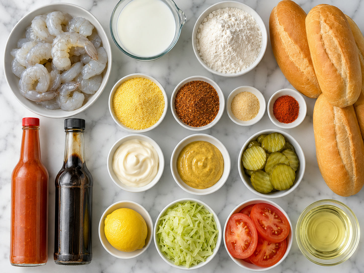 Ingredients for shrimp Po' Boys with rolls, shrimp, remoulade, and vegetables