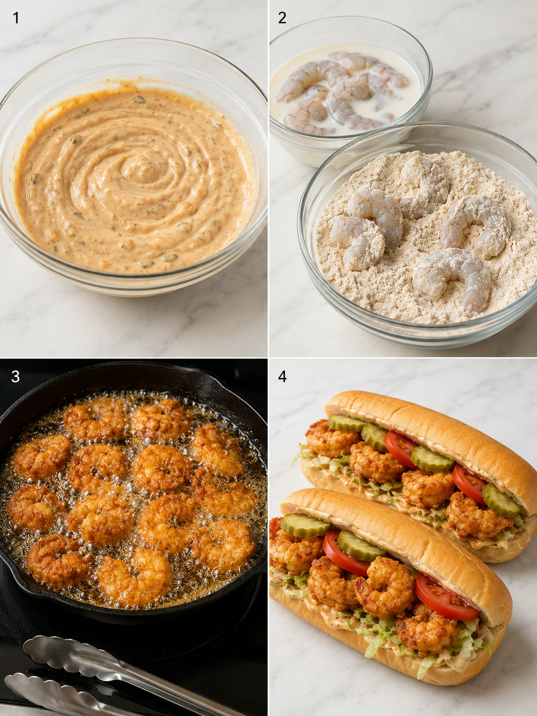 Four steps for making shrimp Po' Boys from sauce to frying and assembly