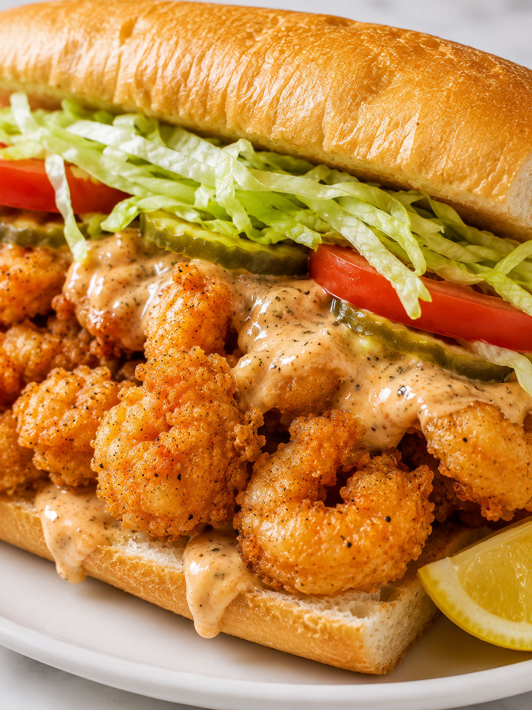 Crunchy shrimp Po' Boy with remoulade, lettuce, tomato, and pickles
