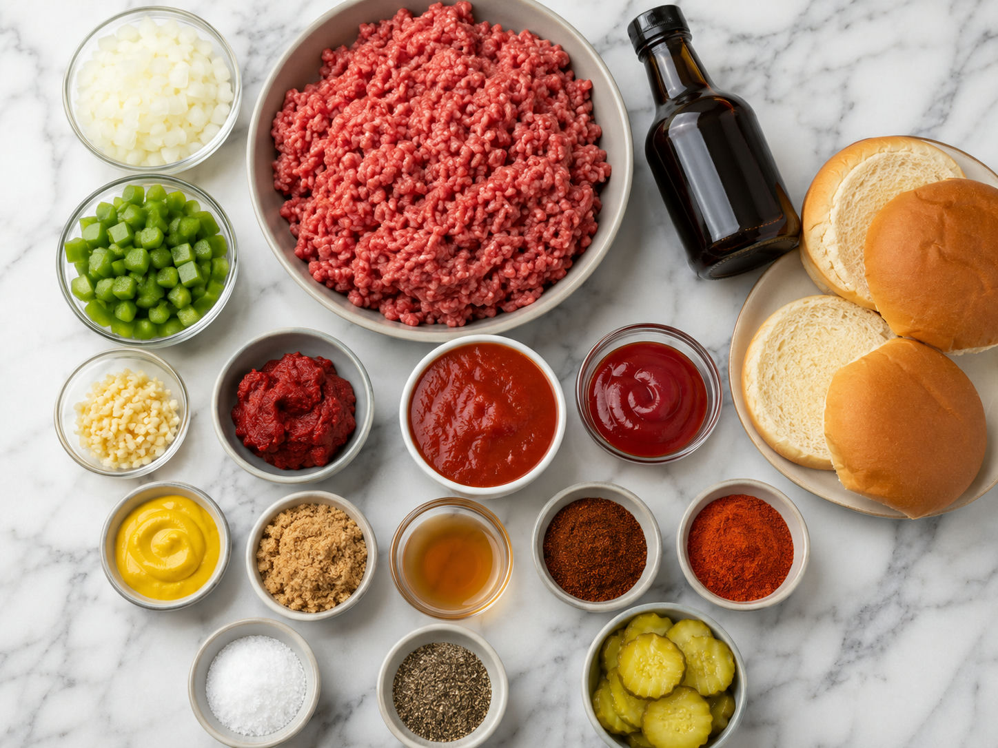 Raw ingredients for homemade Sloppy Joes with buns and pickles
