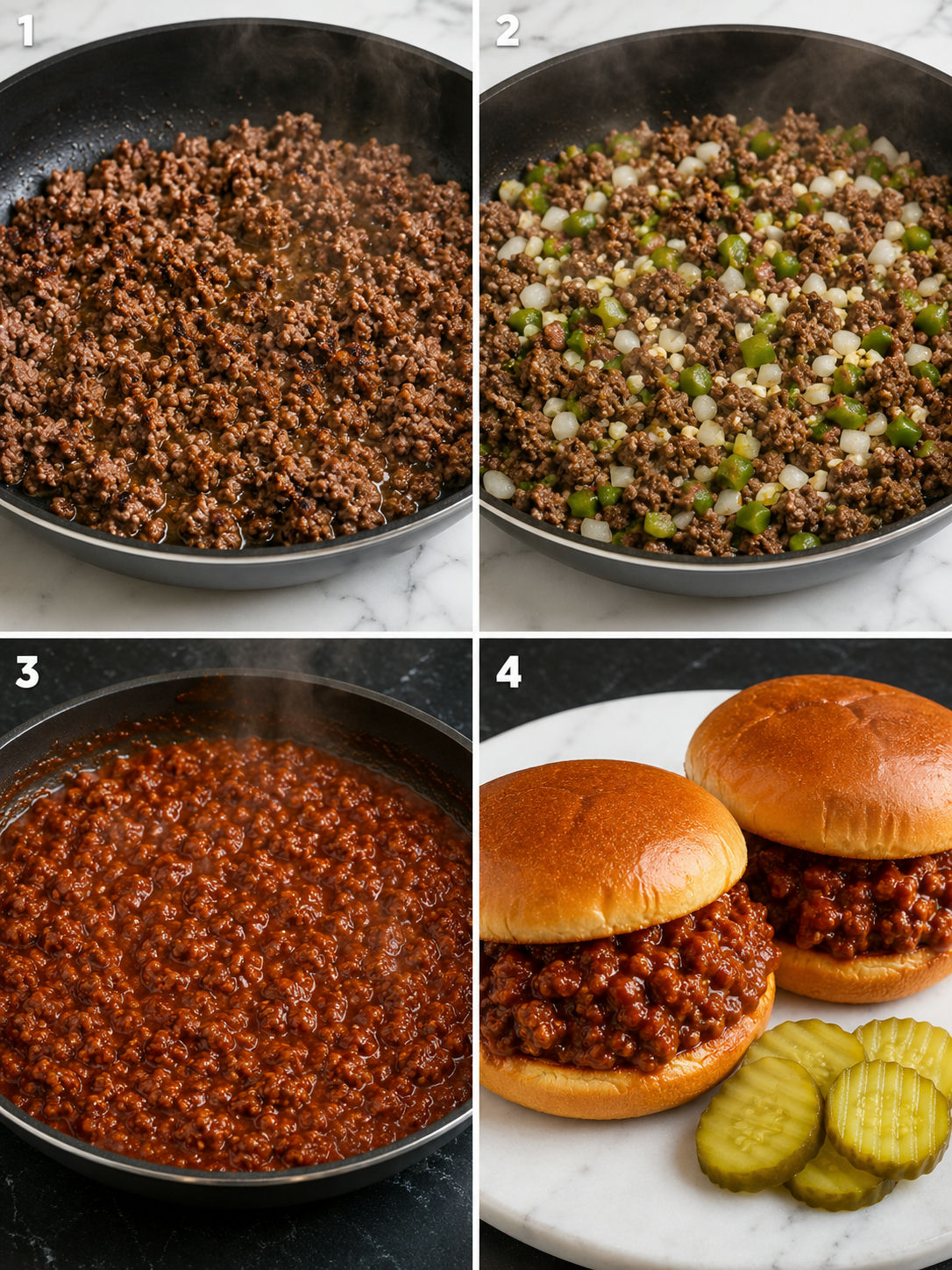 Four cooking steps for saucy homemade Sloppy Joes