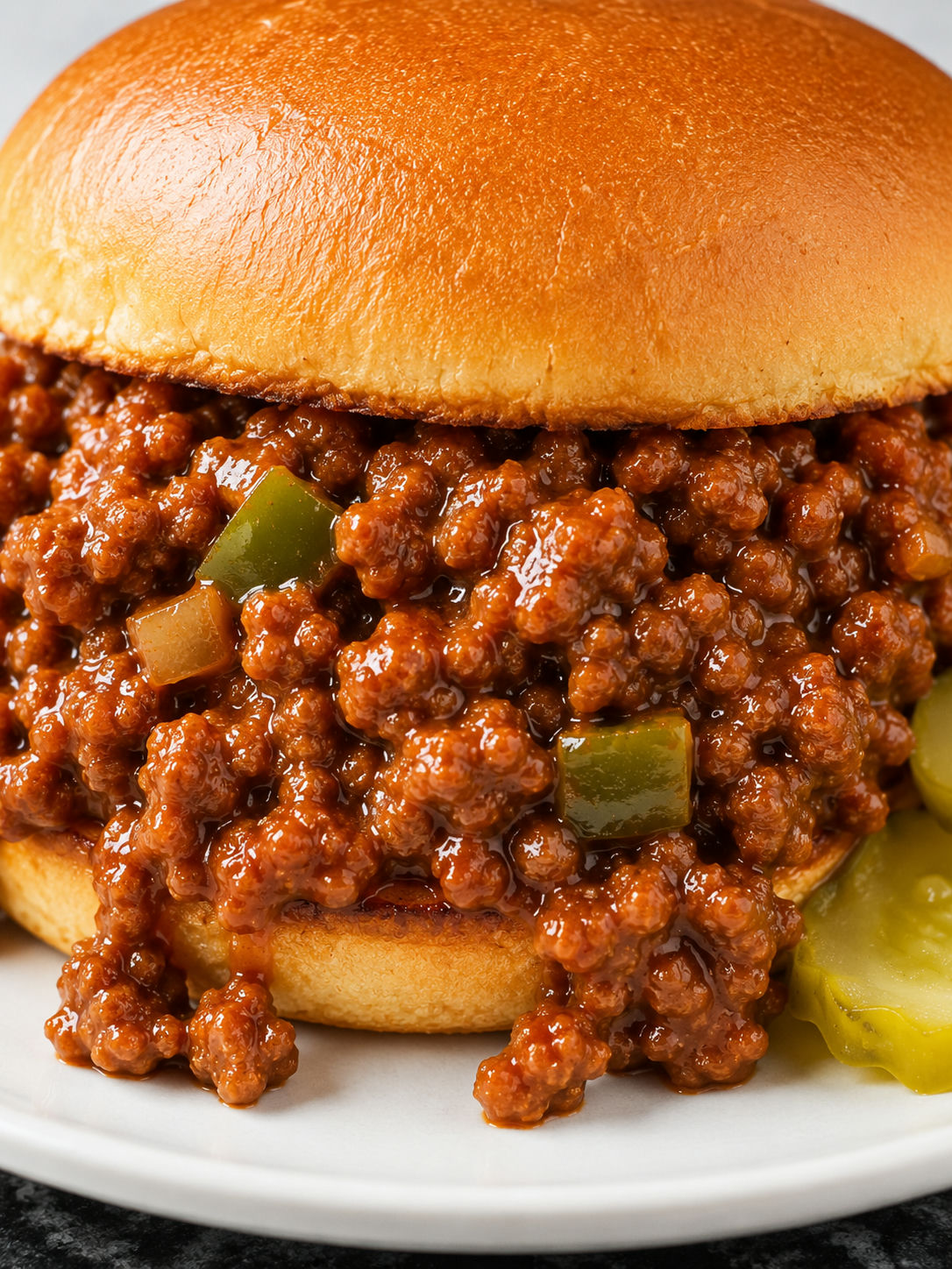Saucy homemade Sloppy Joe sandwich with glossy beef filling