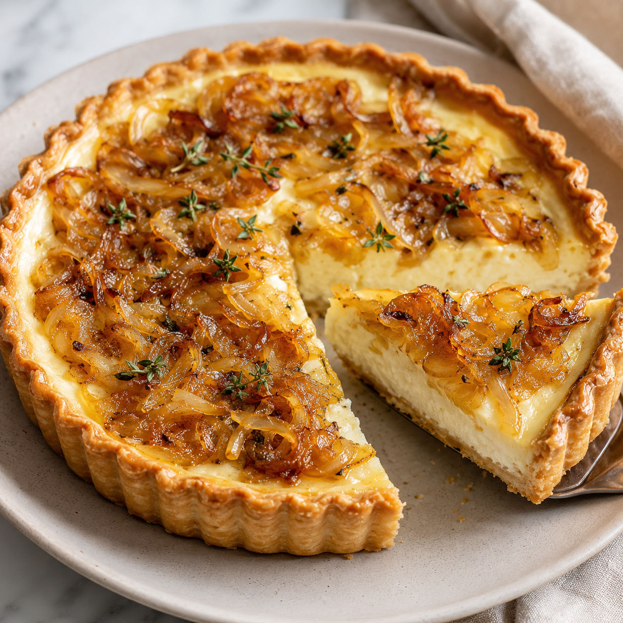 Onion cottage cheese tart with caramelized onions and thyme in a fluted crust