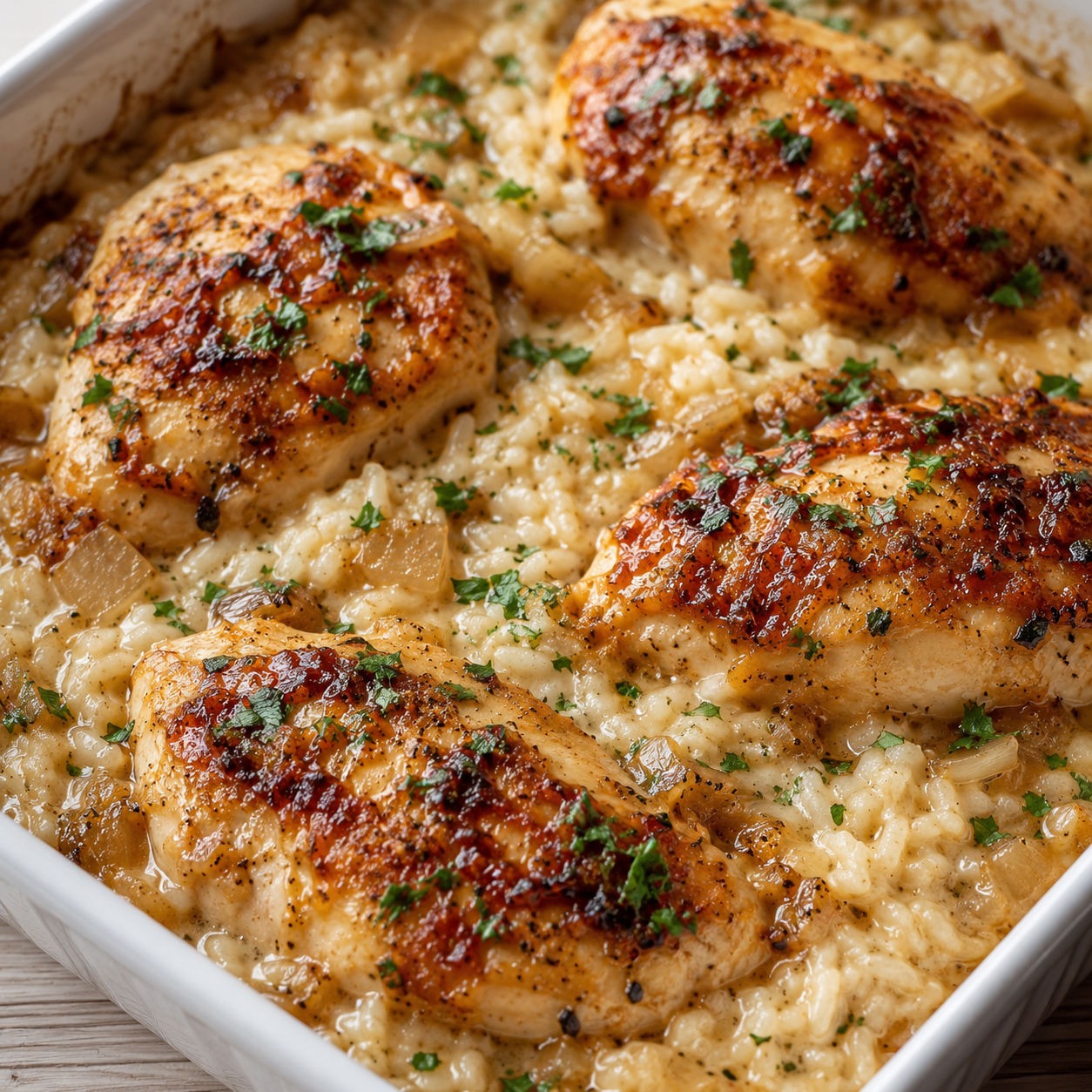 Onion soup chicken bake with creamy rice and parsley in a white dish