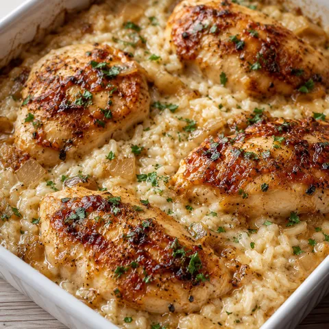 Onion soup chicken bake with creamy rice and parsley in a white dish