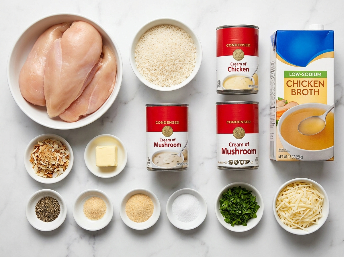 Ingredients for onion soup chicken bake with rice, soups, broth, and parsley