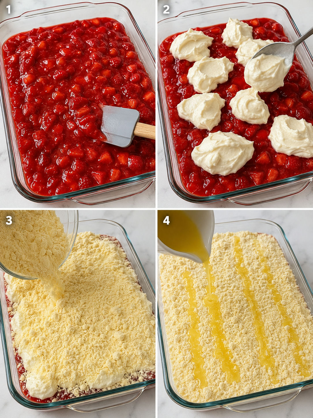 Four-step process of making strawberry cheesecake dump cake from pie filling to butter drizzle