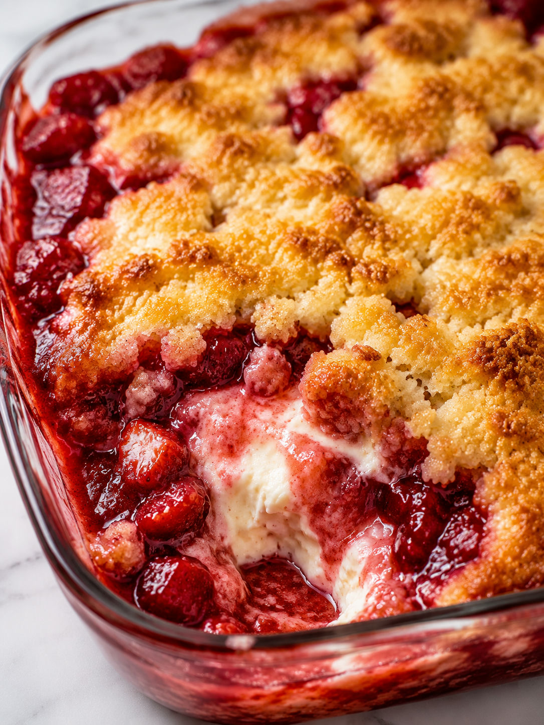Strawberry cheesecake dump cake with golden crumble top and bubbly red filling fresh from the oven