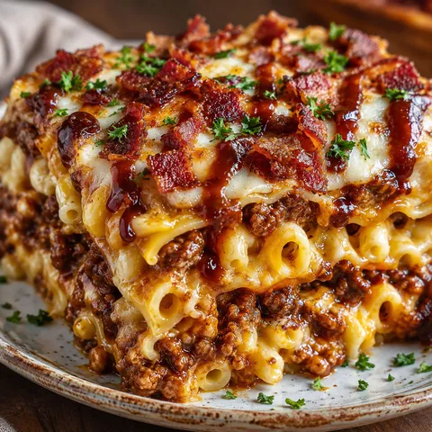 BBQ bacon mac and cheese lasagna slice with melted cheese and parsley