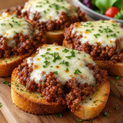 Open-faced garlic toast sloppy joes with melted mozzarella and parsley