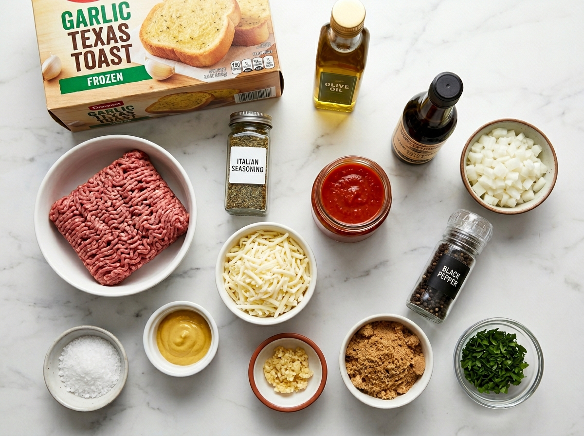 Ingredients for garlic toast sloppy joes with beef, toast, sauce, and cheese