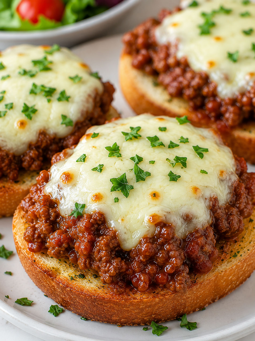 Open-Faced Garlic Toast Sloppy Joes, plated and served