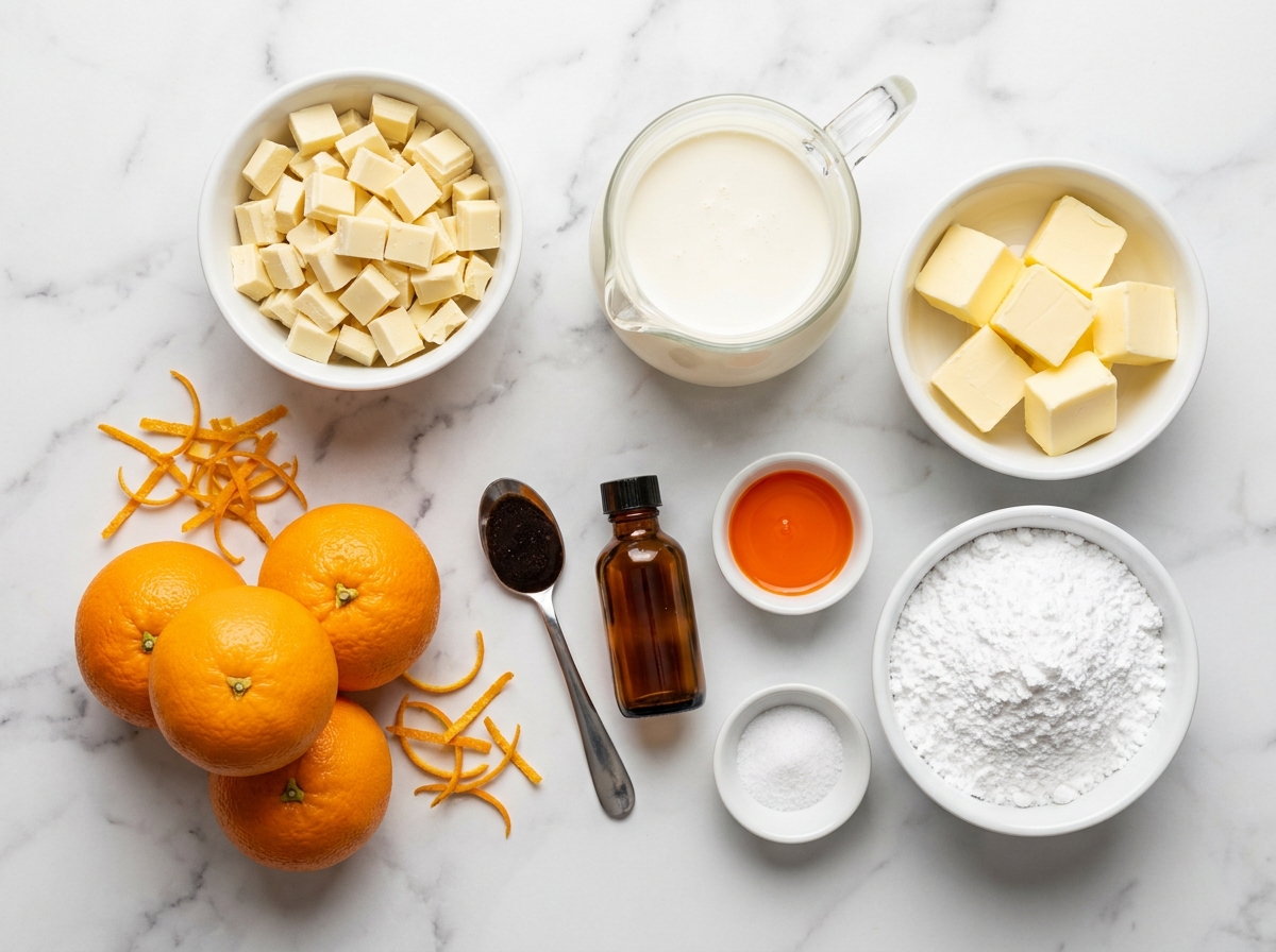 Ingredients for orange creamsicle truffles with white chocolate and oranges