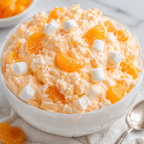 Orange dreamsicle salad with mandarins and mini marshmallows in a white bowl