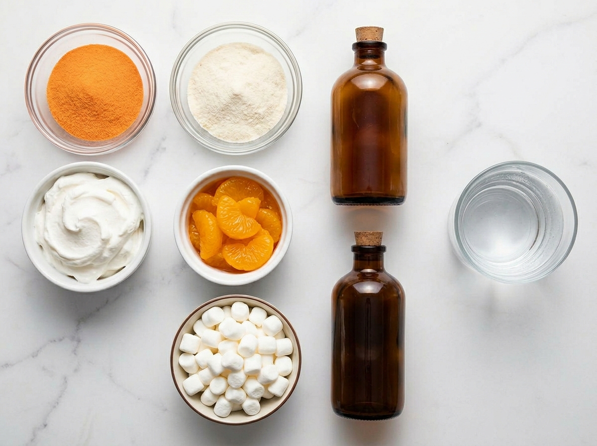 Ingredients for orange dreamsicle salad with mandarins and marshmallows