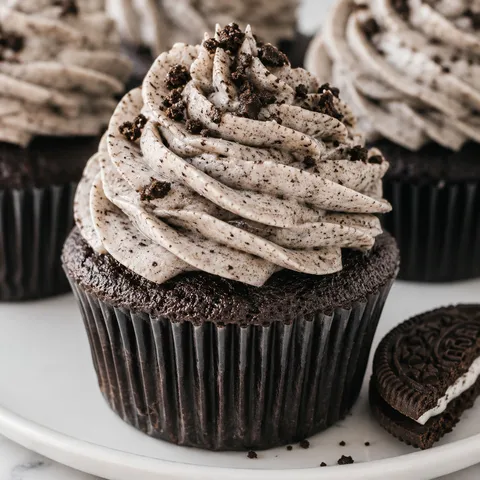 Oreo frosting piped on a chocolate cupcake with cookie crumbs