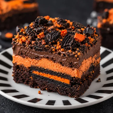 Oreo Layered Halloween Brownies with orange frosting and cookie crumbs