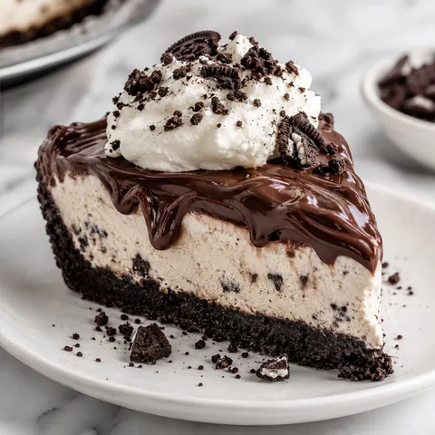 Oreo Mud Pie slice with fudge, whipped cream, and cookie crust