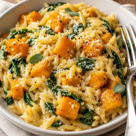 Creamy orzo with butternut squash, spinach, parmesan, and sage