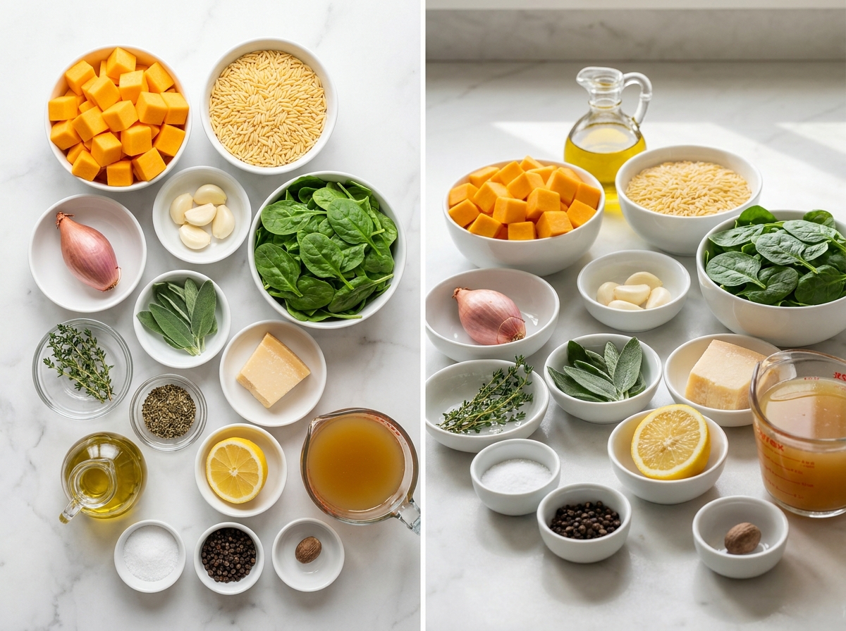Ingredients for butternut squash spinach orzo on a light counter