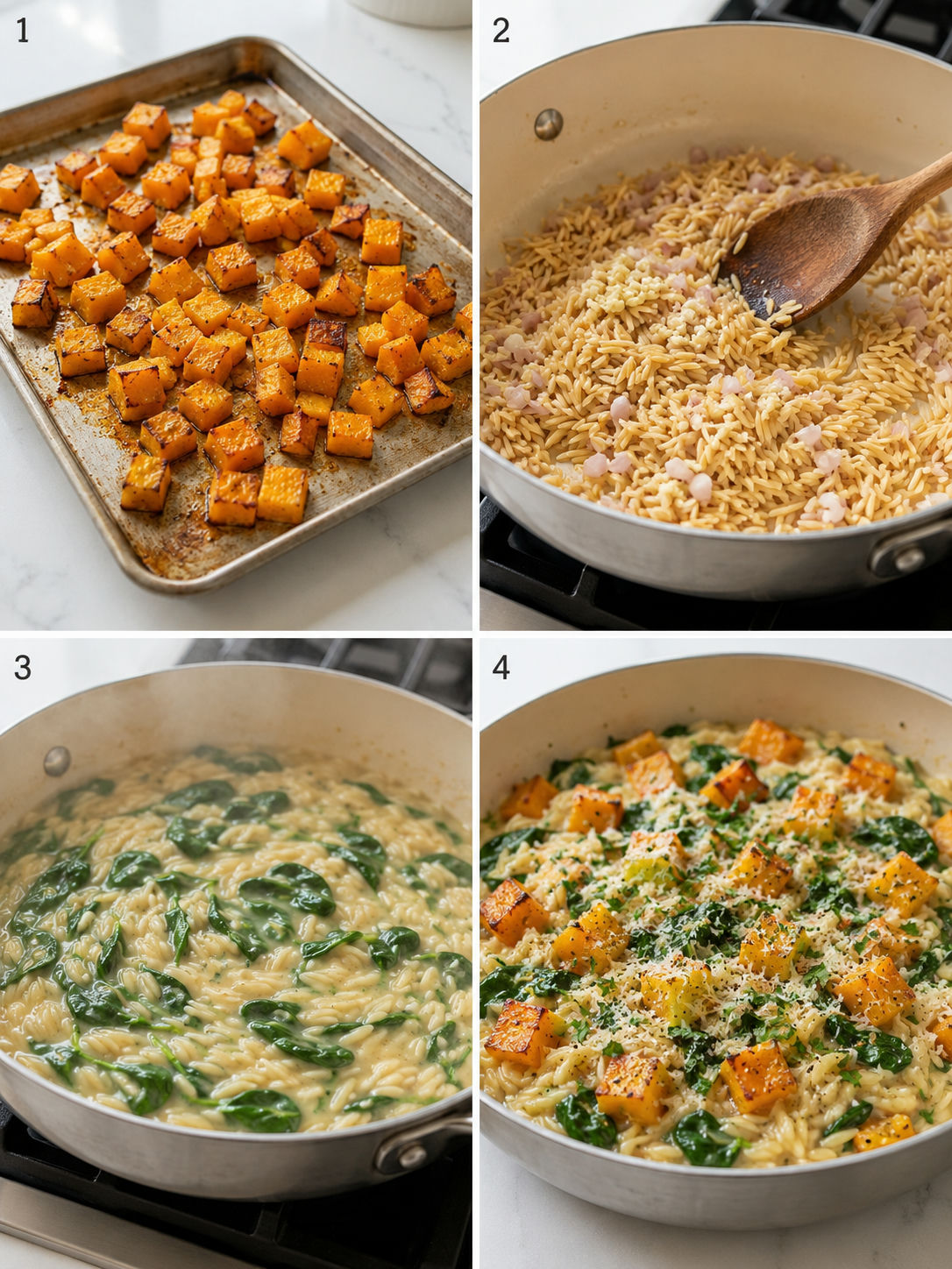 Four cooking steps for roasted butternut squash and spinach orzo