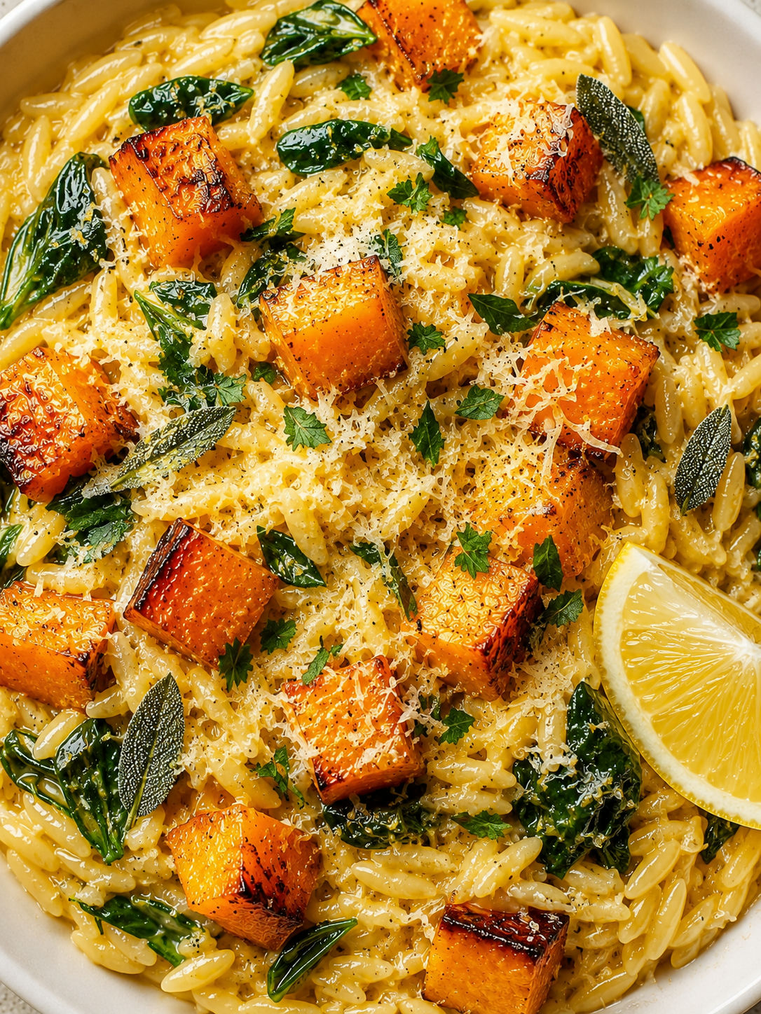 Top-down bowl of creamy butternut squash spinach orzo with Parmesan