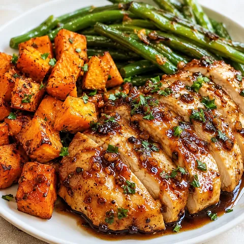 Honey garlic chicken with sweet potatoes and green beans on a white plate