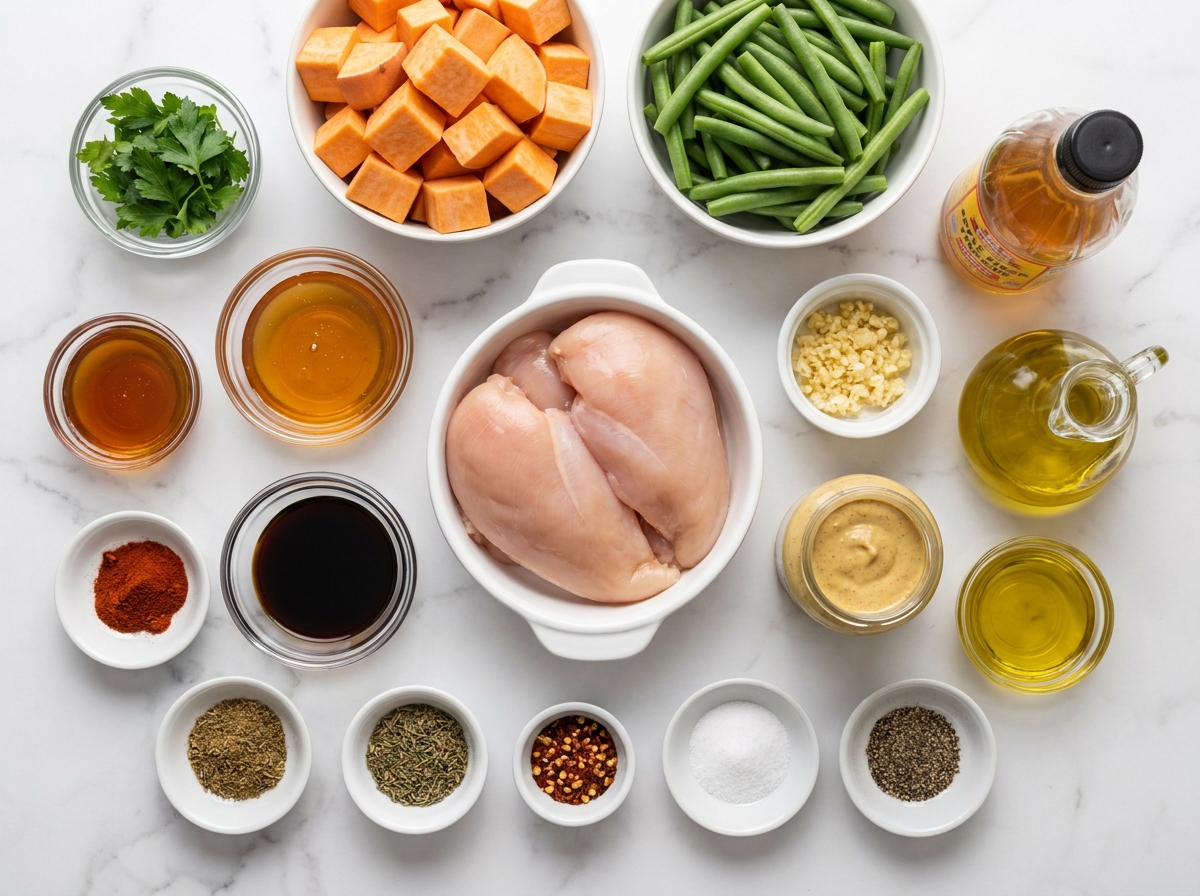 Ingredients for honey garlic chicken with sweet potatoes and green beans