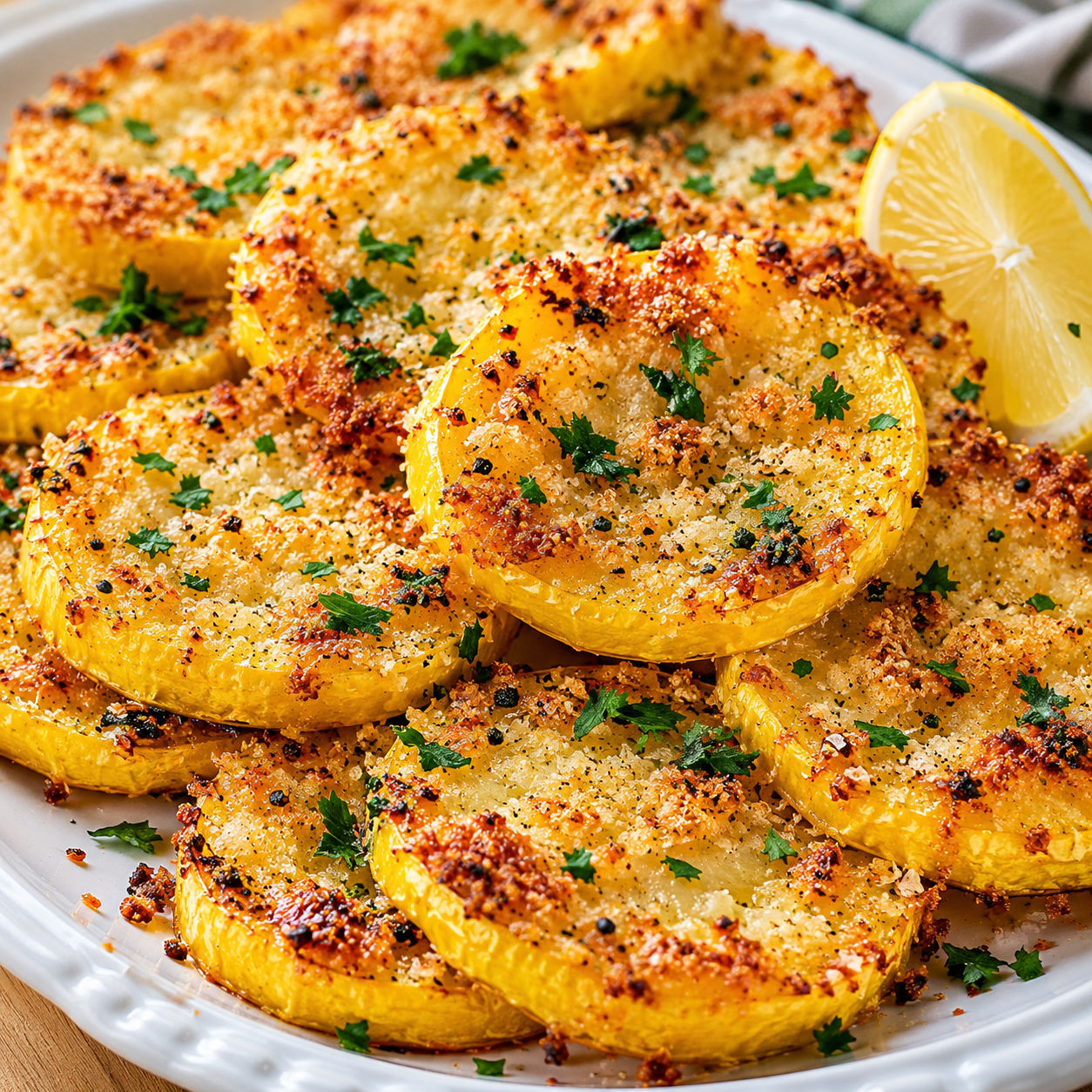 Golden Parmesan squash rounds with parsley and lemon on a white platter