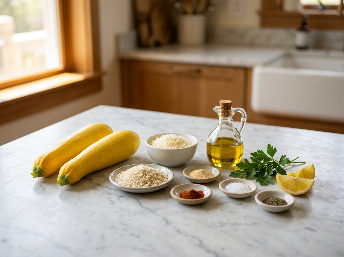 Yellow squash, Parmesan, panko, herbs, spices, olive oil, and lemon