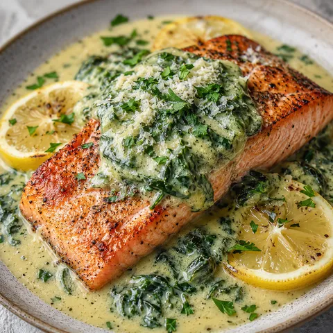 Baked salmon with creamy spinach sauce, lemon, and Parmesan
