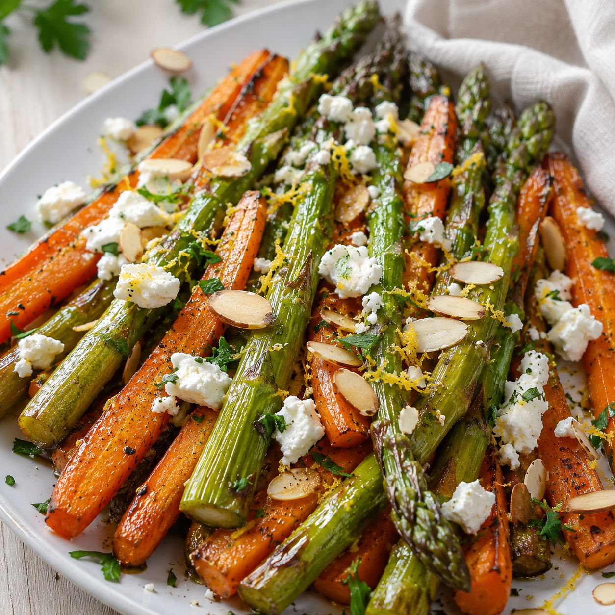 Roasted asparagus and carrots with goat cheese, lemon zest, and almonds