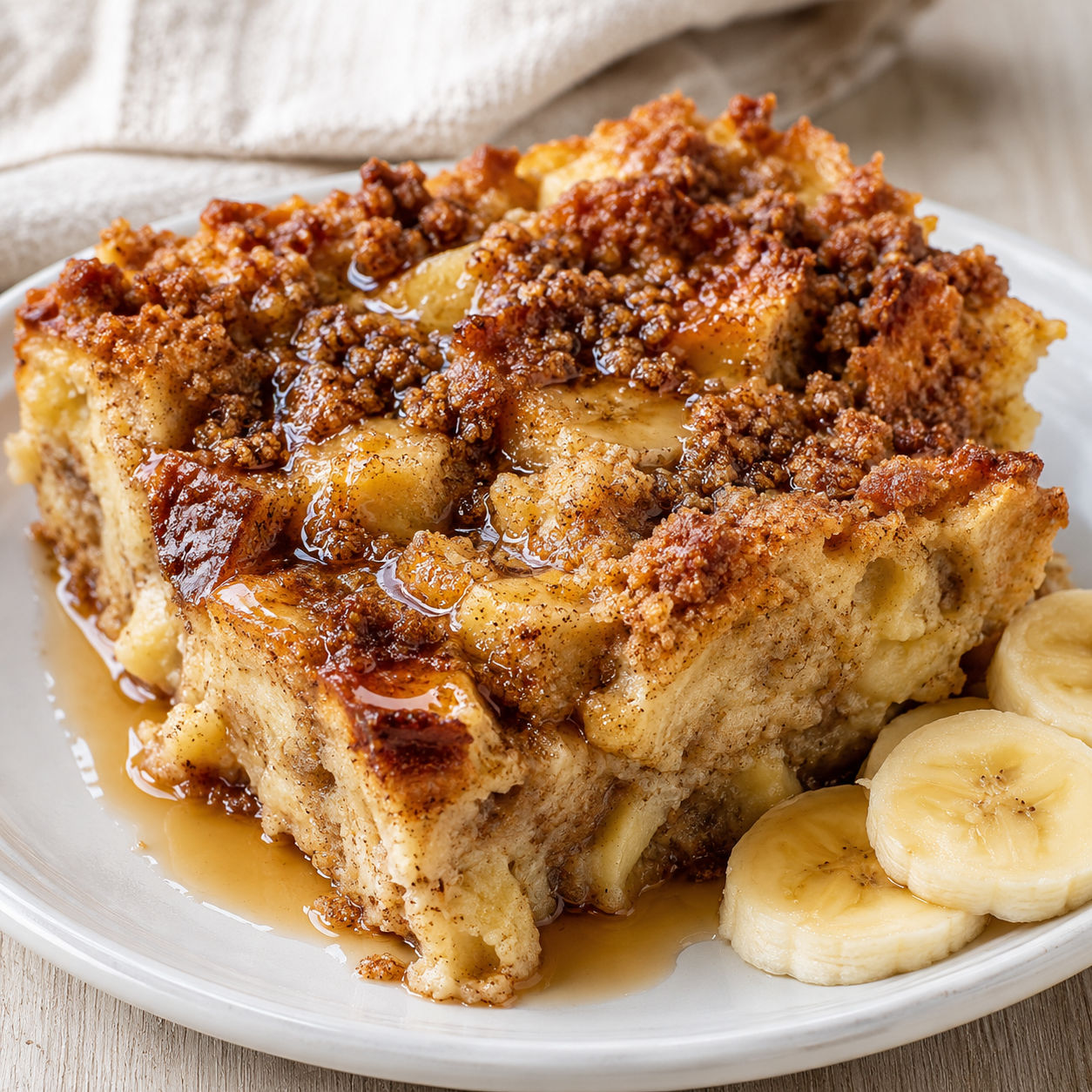 Overnight baked banana French toast with crumb topping and maple syrup
