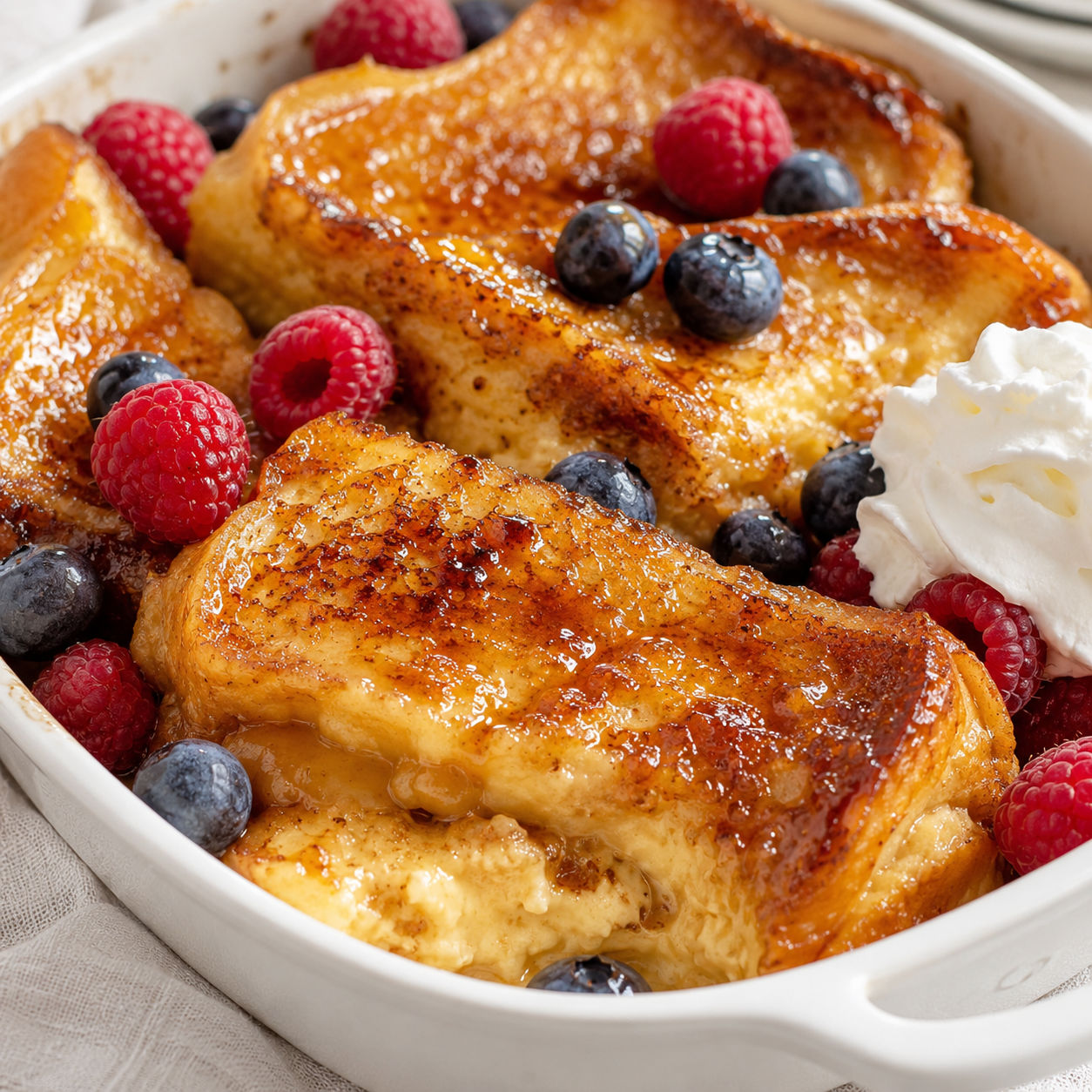 Overnight Crème Brûlée French Toast with caramel edges and berries