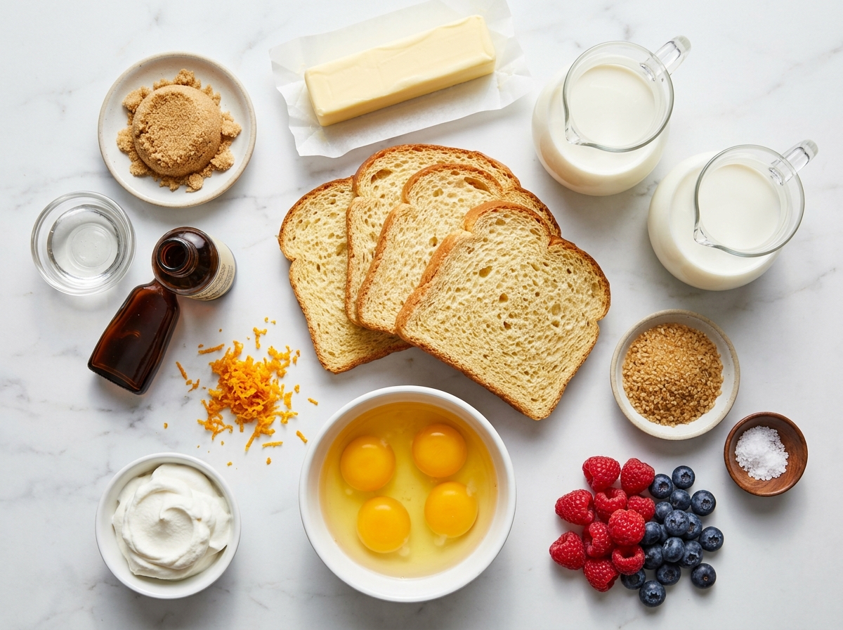 Ingredients for Overnight Crème Brûlée French Toast on a light counter