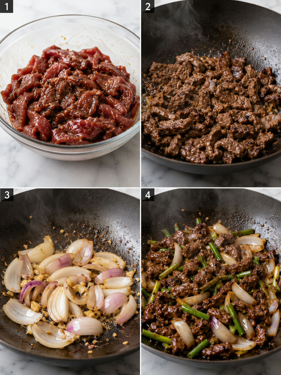Four cooking steps for oyster sauce beef and onion stir-fry