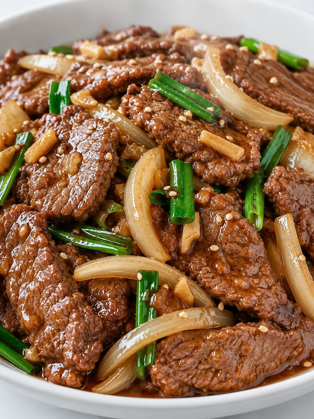 Glossy oyster sauce beef and onions with scallions in a white bowl