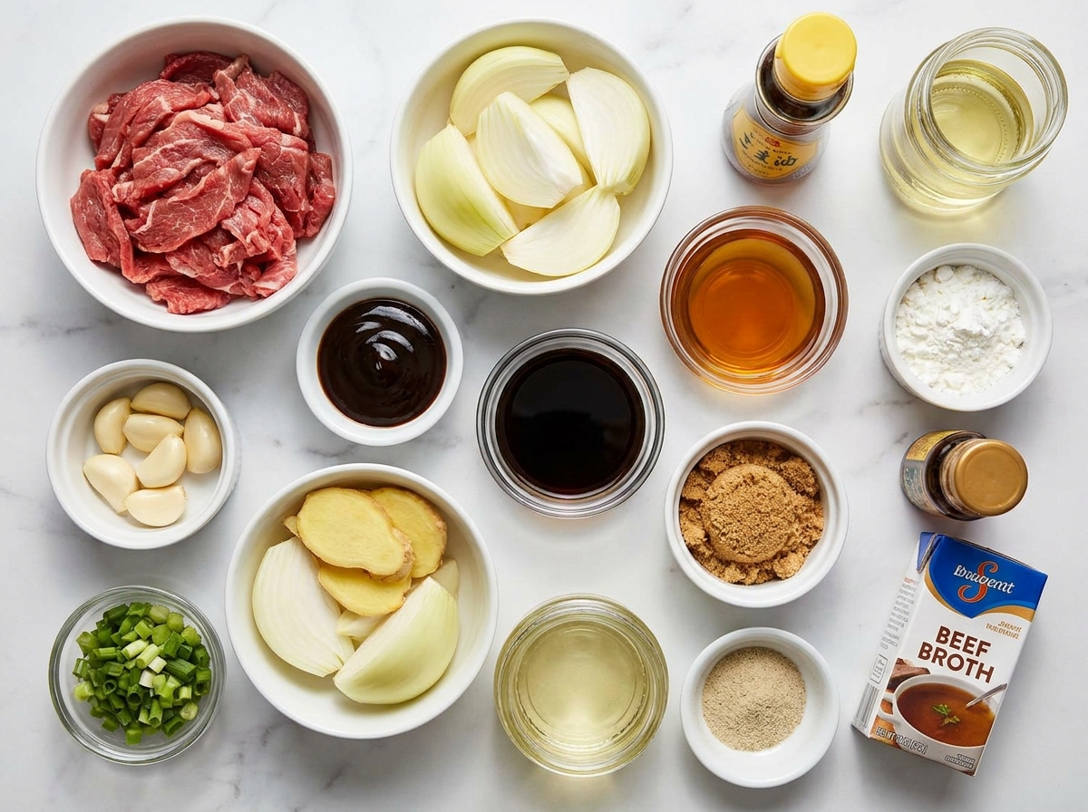 Ingredients for oyster sauce beef stir-fry with onions and fresh ginger