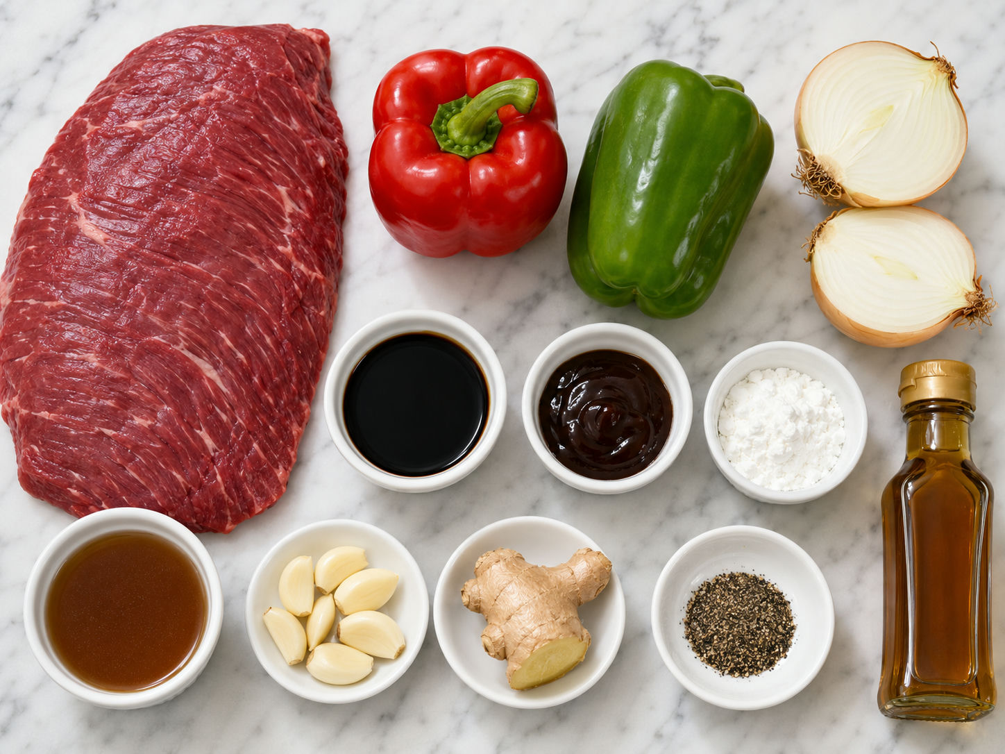 Raw ingredients for pepper steak including flank steak, bell peppers, soy sauce, garlic, and ginger on marble